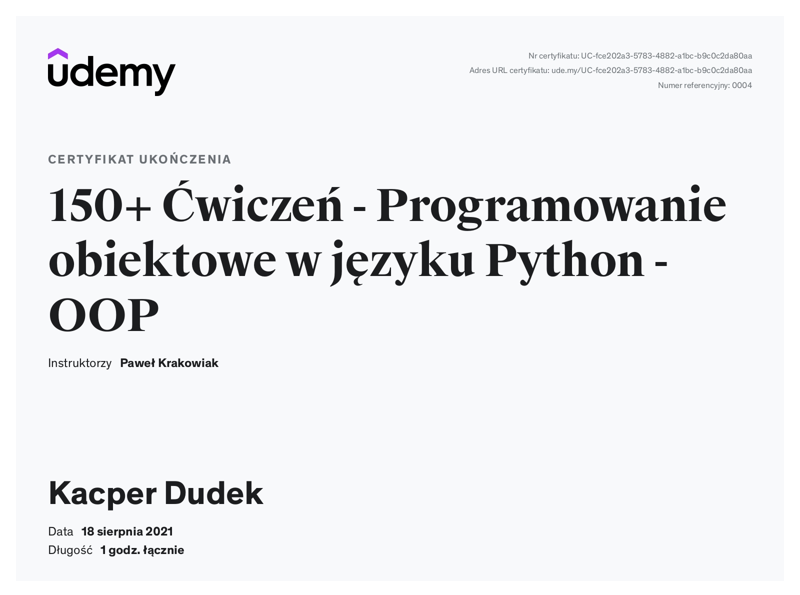 Kurs z języka Python, 150 ćwiczeń z programowania obiektowego